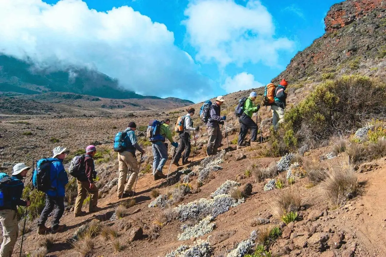 Trekkers walking towards Miriakamba Hut